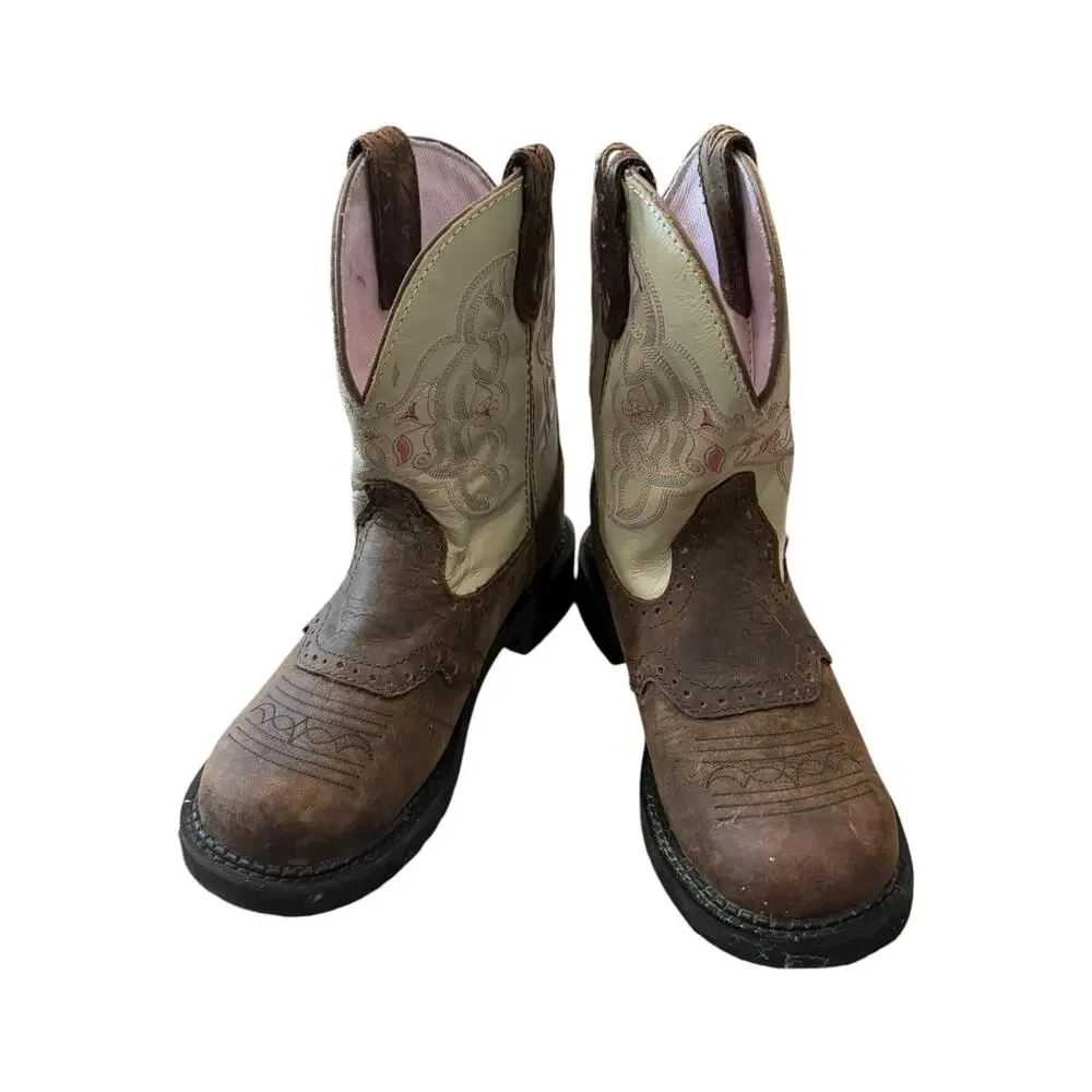 Justin Kids Western Cowboy Boots Brown Cream Embroidered Leather Size 7B